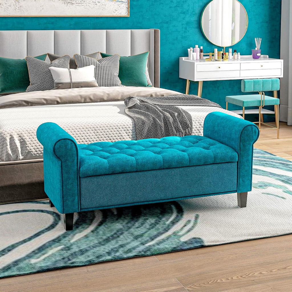 50' Storage Ottoman Bench, Upholstered End of Bed Bench with Rolled Arms, Wood Legs, Button Tufted Storage Bench with Safety Hinges for Living Room, Entryway, Bedroom, Teal