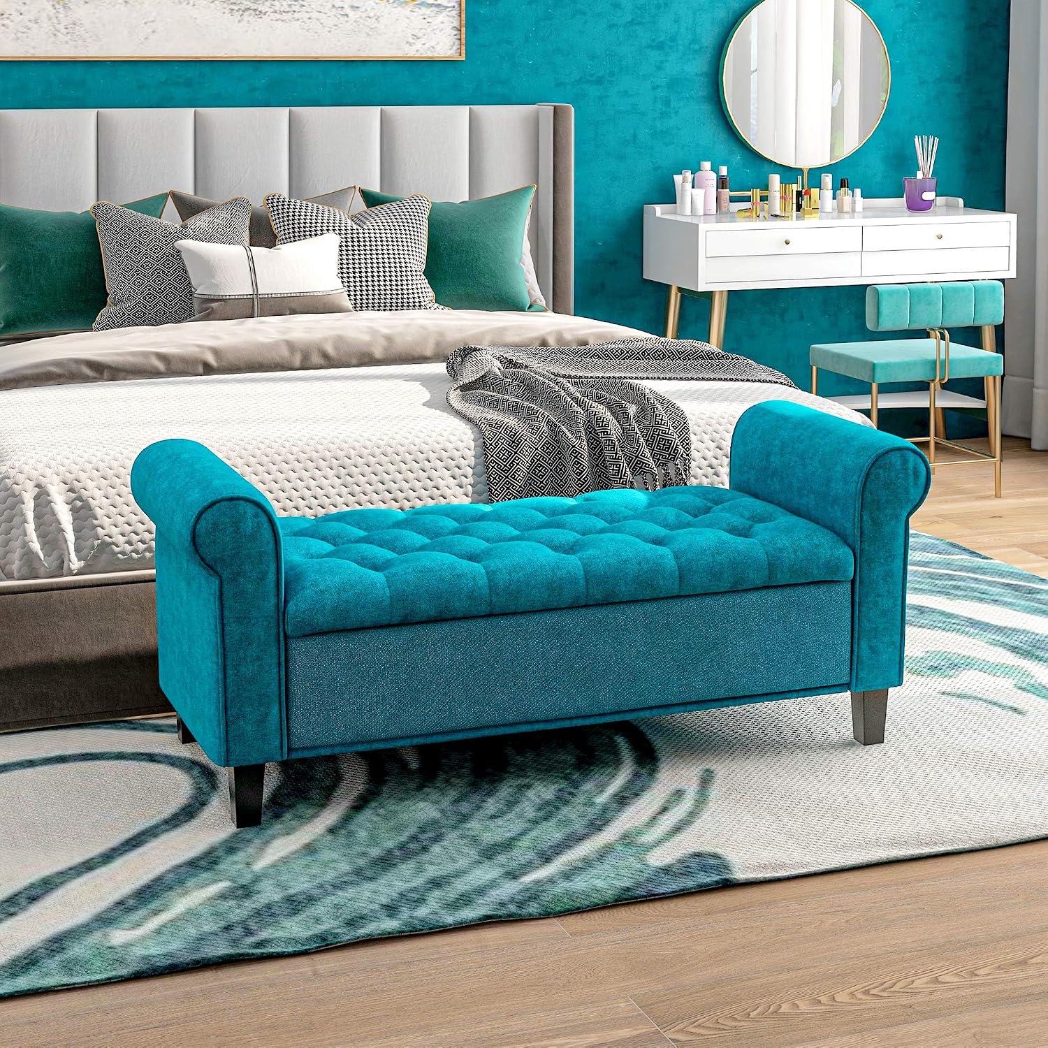 50' Storage Ottoman Bench, Upholstered End of Bed Bench with Rolled Arms, Wood Legs, Button Tufted Storage Bench with Safety Hinges for Living Room, Entryway, Bedroom, Teal