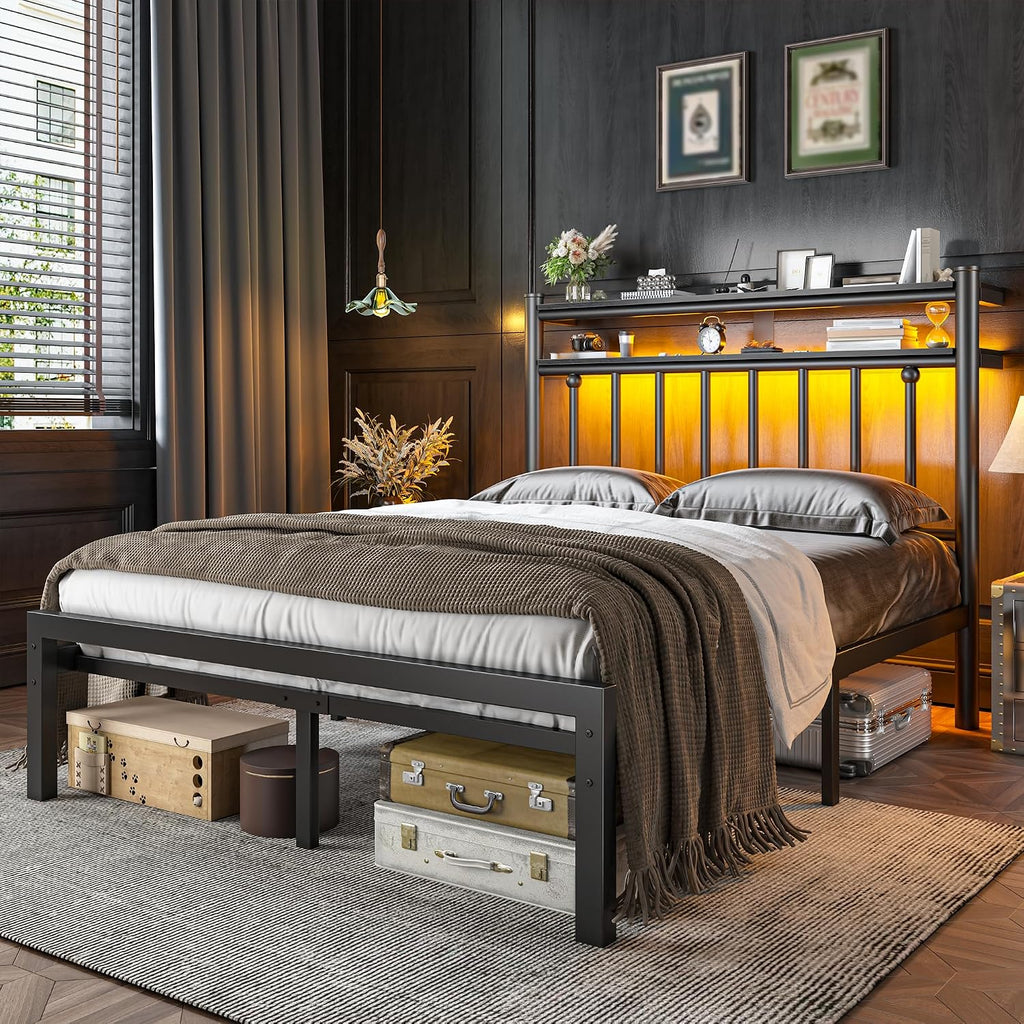 Homkdom 14 Inch Full Size Metal Platform Bed Frame with 2-Tier Storage Headboard, Victorian Bed Frame Full with Under Bed Storage/No Box Spring Needed/Easy Assembly, Black