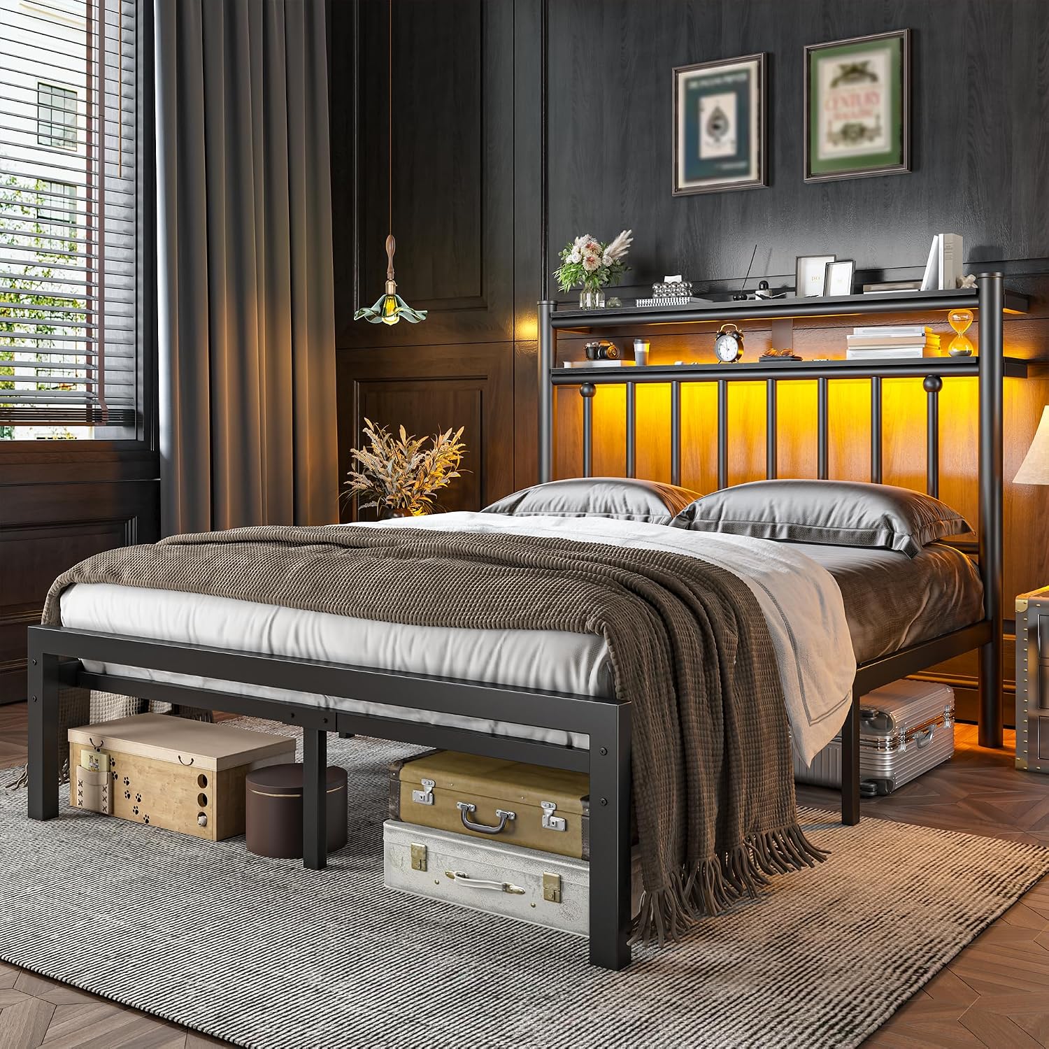 Homkdom 14 Inch Full Size Metal Platform Bed Frame with 2-Tier Storage Headboard, Victorian Bed Frame Full with Under Bed Storage/No Box Spring Needed/Easy Assembly, Black