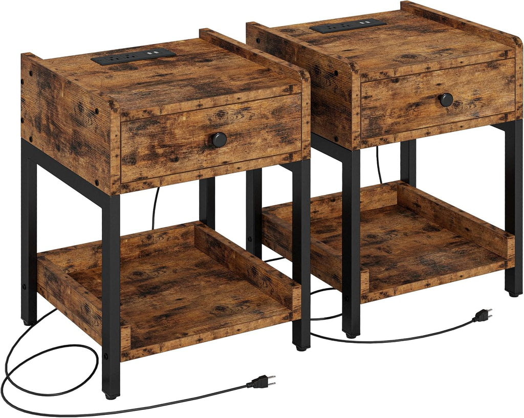 LIKIMIO King Bed Frame with Storage Headboard and Charging Station, Set of 2 Nightstands with Drawers, Shelves and Charging Stations, Vintage Brown