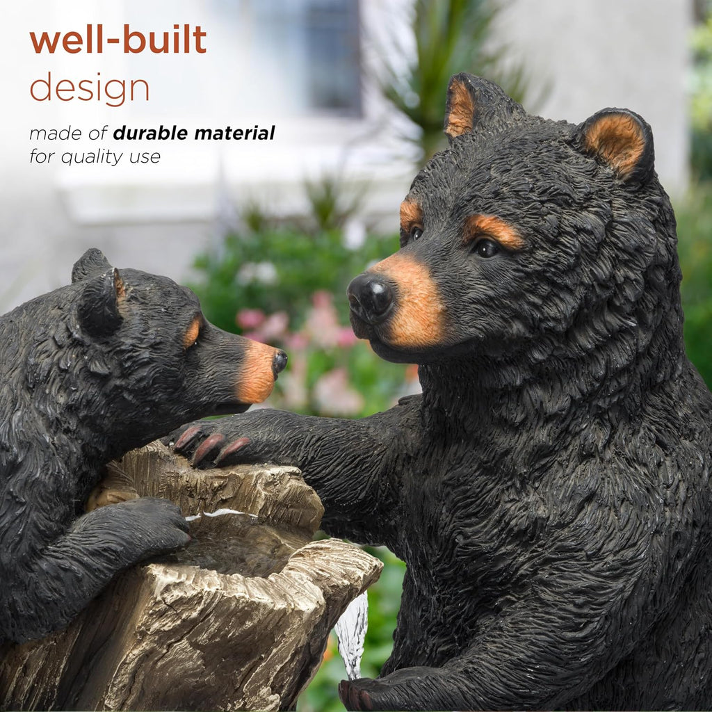 Alpine Corporation USA1132 Indoor/Outdoor Floor Bear and Cub on Log Fountain, Playful Bear and Cub Garden Fountain 26', Black