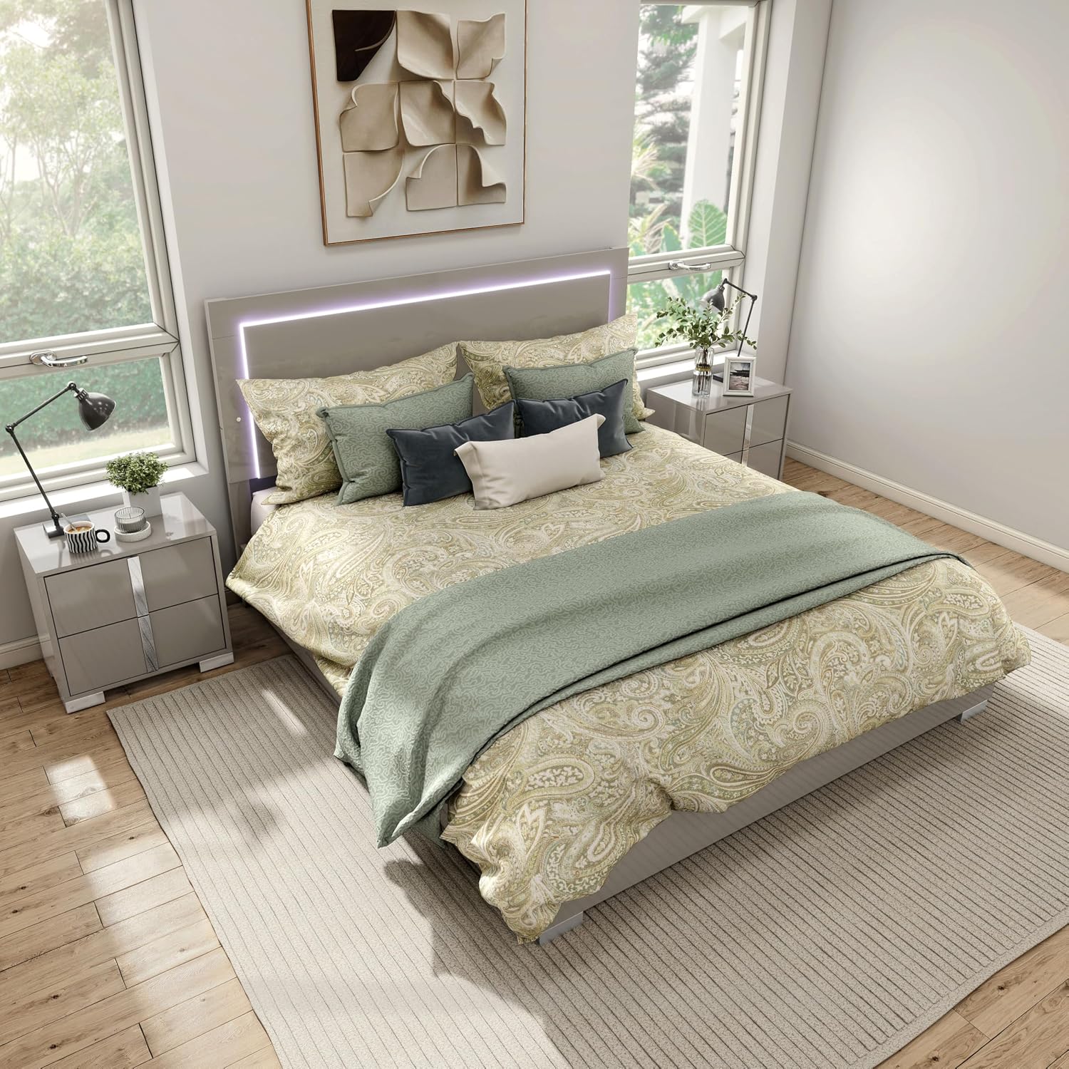 Furniture of America Alistair Modern Wood 3-Piece Bedroom Collection with Bed Frame and 2-Drawer Nightstands Set of 2, Box Spring Required, Light Taupe, Queen