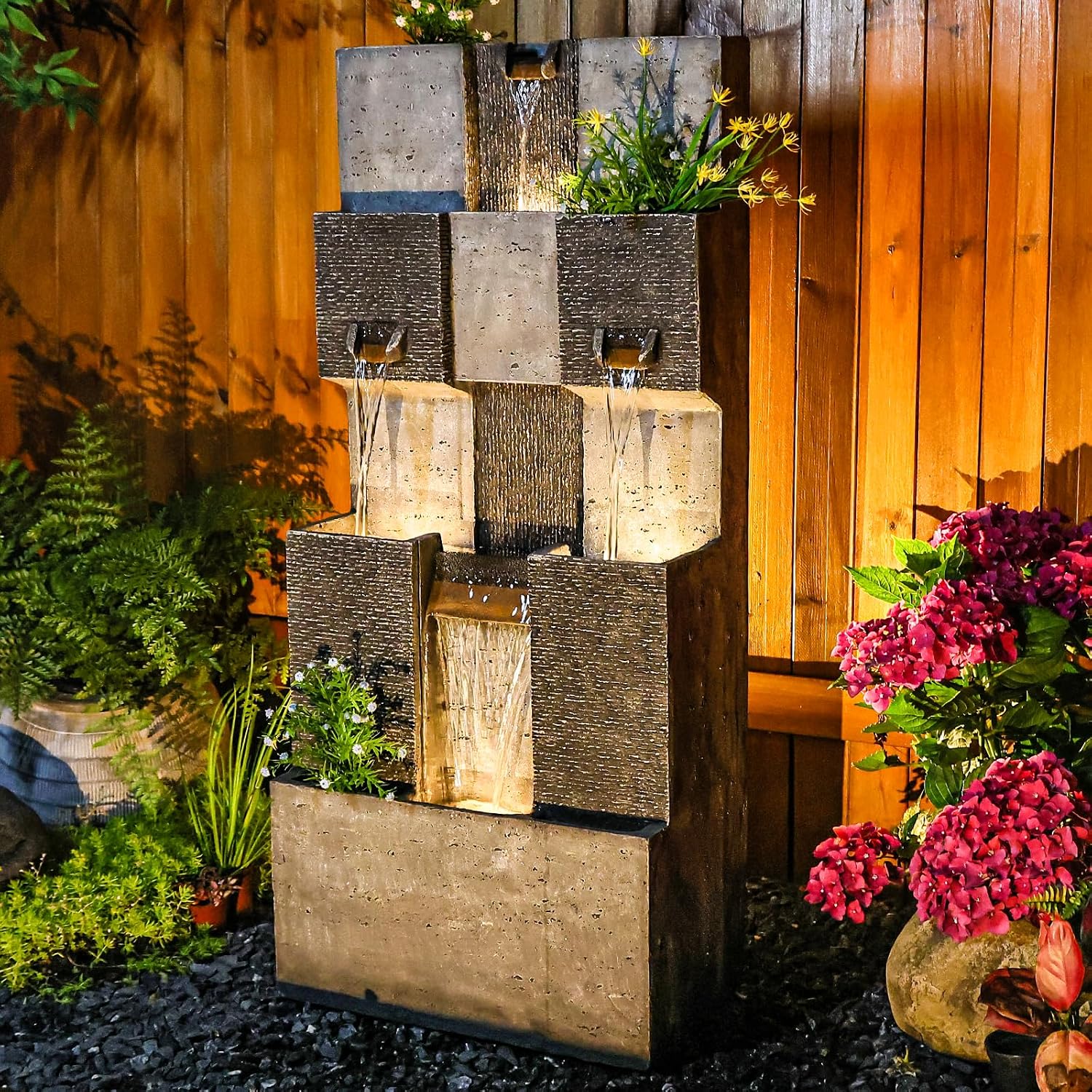 Bumilgar 44.8' H Modern Outdoor Water Fountain with LED Lights and Pump, Mutiply-Tier Standing Cascading Waterfall - Modern Design for Garden,Patio,Yard, Multi-Level Outdoor Decor (Gray)