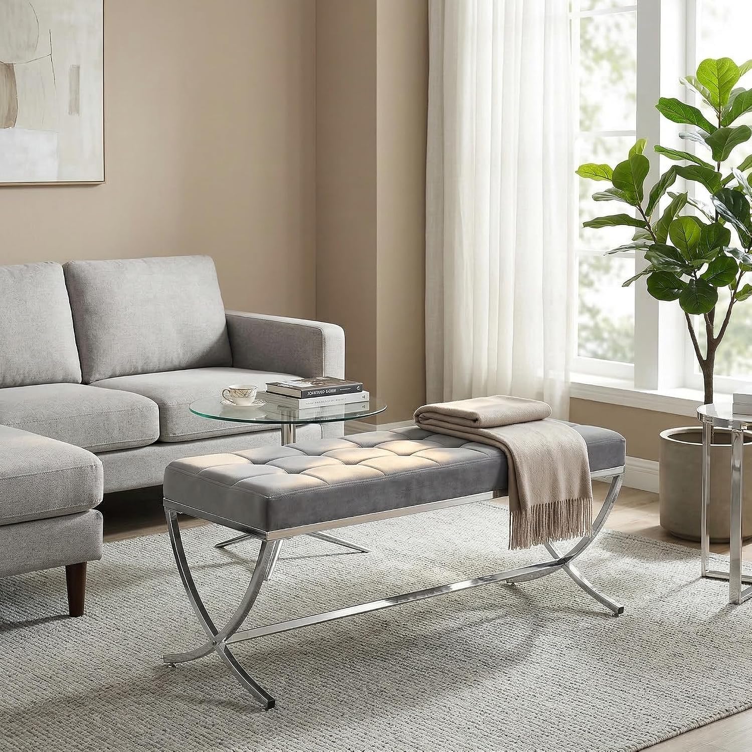 LukeAlon Modern Velvet Dining Bench, Button Tufted Ottoman Bench with X-Shape Chrome Finish Upholstered End of Bed Bench Comfy Entryway Bench for Bedroom Kitchen, Grey