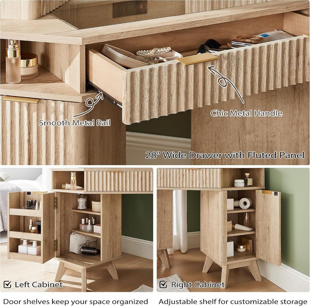 T4TREAM Fluted Makeup Vanity Desk with 3 Way Mirror and Lights, 48' Large Corner Vanity Table with Glass Top, Charging Station, 3 Drawers, Storage Cabinets & Shelves, for Bedroom, Natural Oak