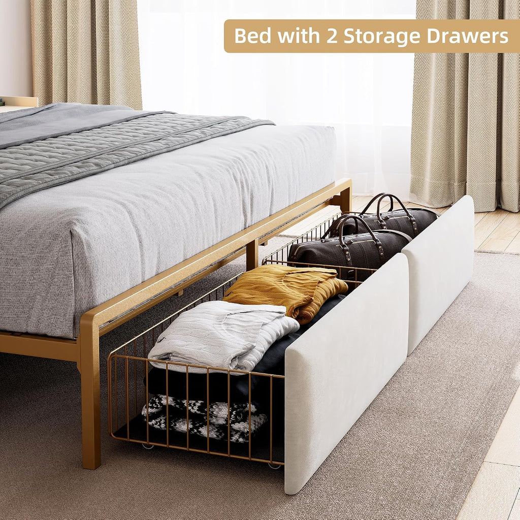 King Bed Frame with Headboard,Upholstered Bed Frame King Size with 2 Drawers,Metal Platform Bed Frame with Charging Station & LED Lights,Noise-Free/Metal Slats Support/No Box Spring Needed