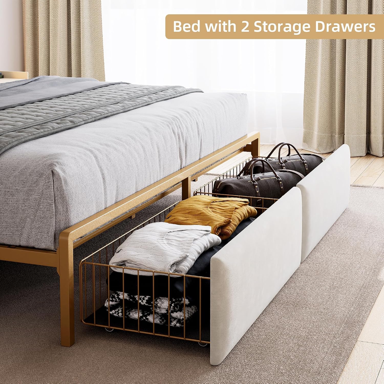 King Bed Frame with Headboard,Upholstered Bed Frame King Size with 2 Drawers,Metal Platform Bed Frame with Charging Station & LED Lights,Noise-Free/Metal Slats Support/No Box Spring Needed