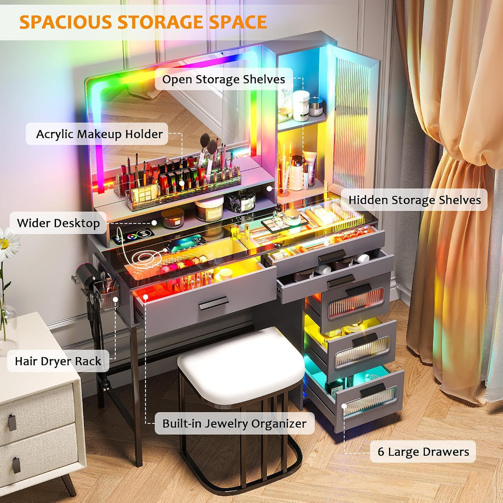WOOVIVS Vanity with LED Mirror, Makeup Desk with 24 RGB Atuo Lighted Drawers for Bedroom, Glass Top Vanities Table Set with Wireless Charging Station, Chair,Jewelry Organizer for Girls/Women (Grey)