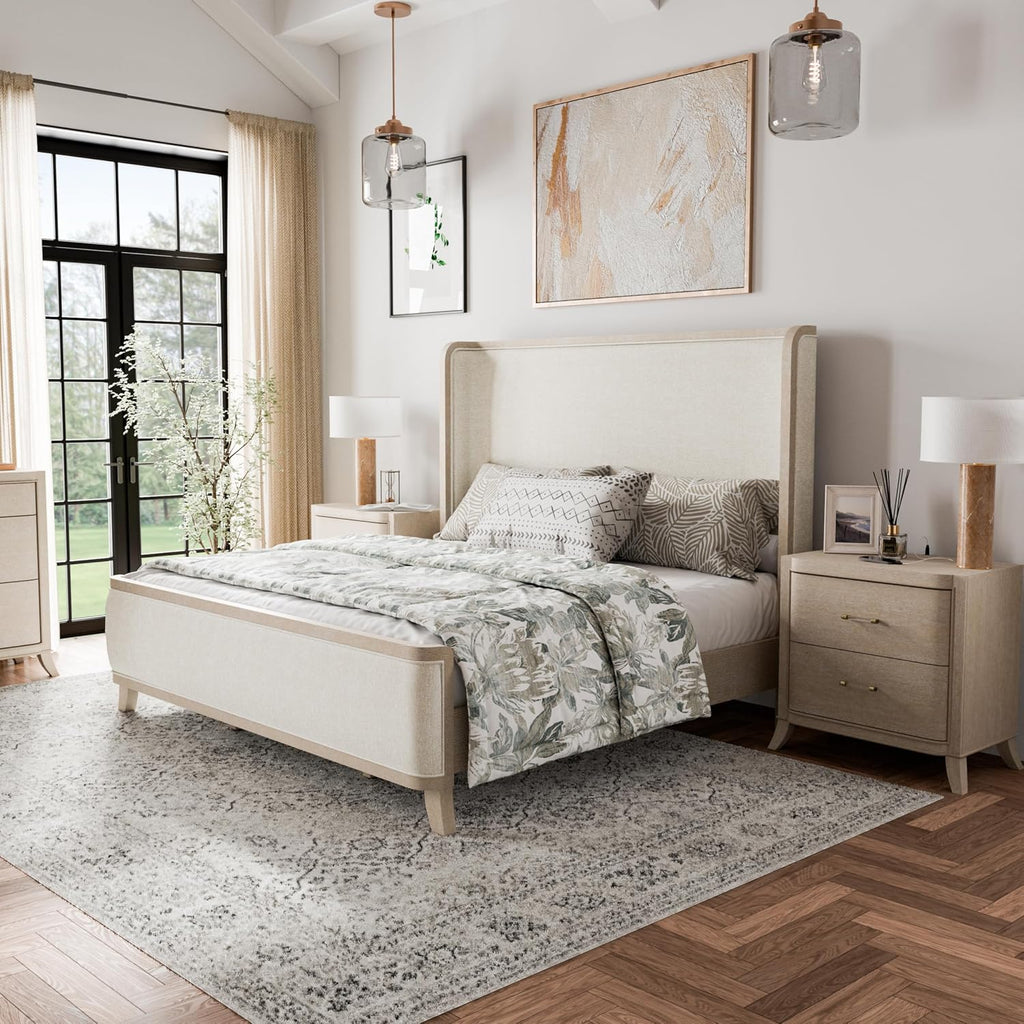 Furniture of America Saries Transitional Solid Wood 3-Piece King Panel Bedroom Set with USB Ports, Shelter Padded Headboard, Soft Curved Edges, Box Spring Needed, Natural Oak