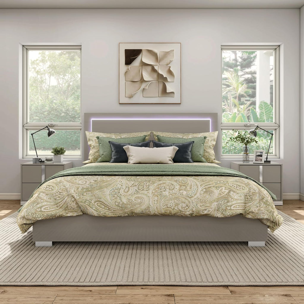 Furniture of America Alistair Modern Wood 3-Piece Bedroom Collection with Bed Frame and 2-Drawer Nightstands Set of 2, Box Spring Required, Light Taupe, Queen