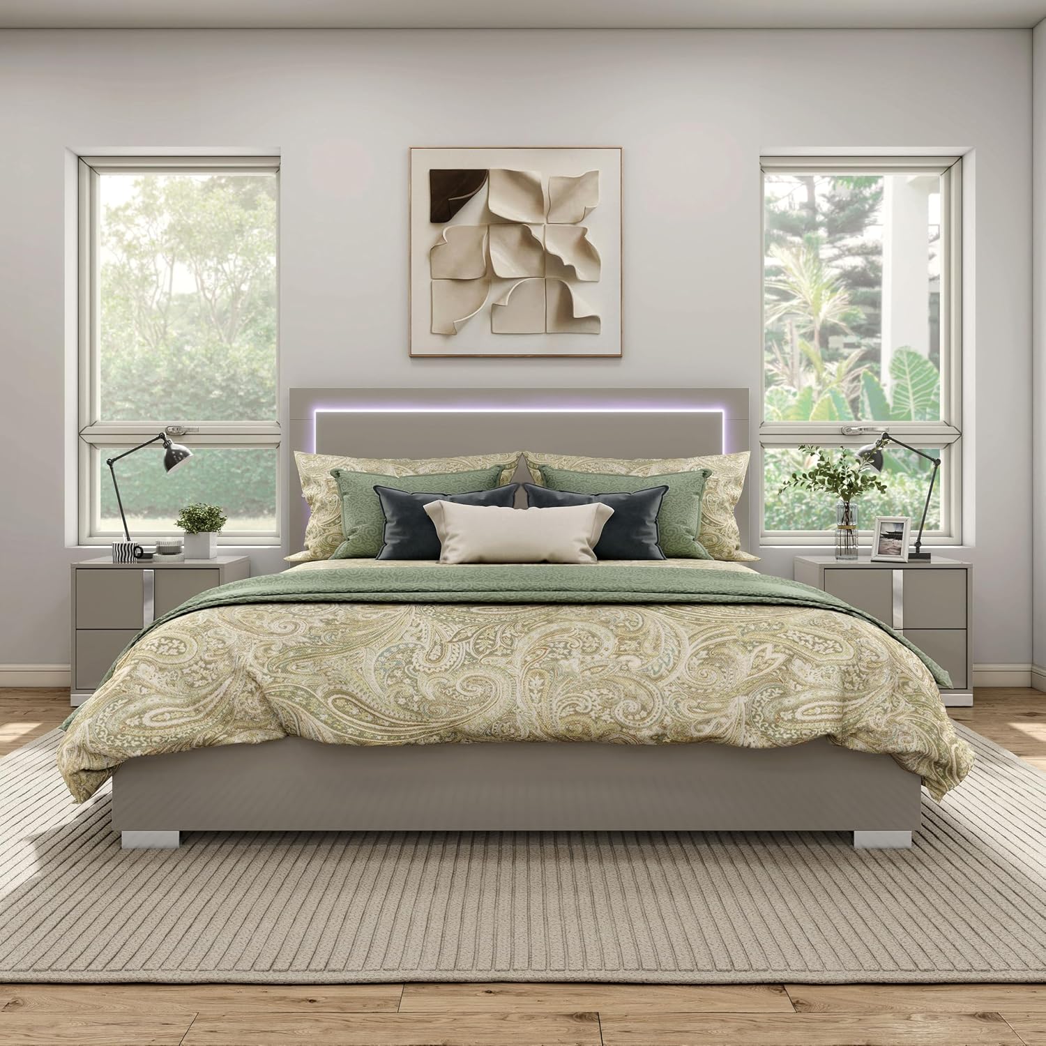 Furniture of America Alistair Modern Wood 3-Piece Bedroom Collection with Bed Frame and 2-Drawer Nightstands Set of 2, Box Spring Required, Light Taupe, Queen