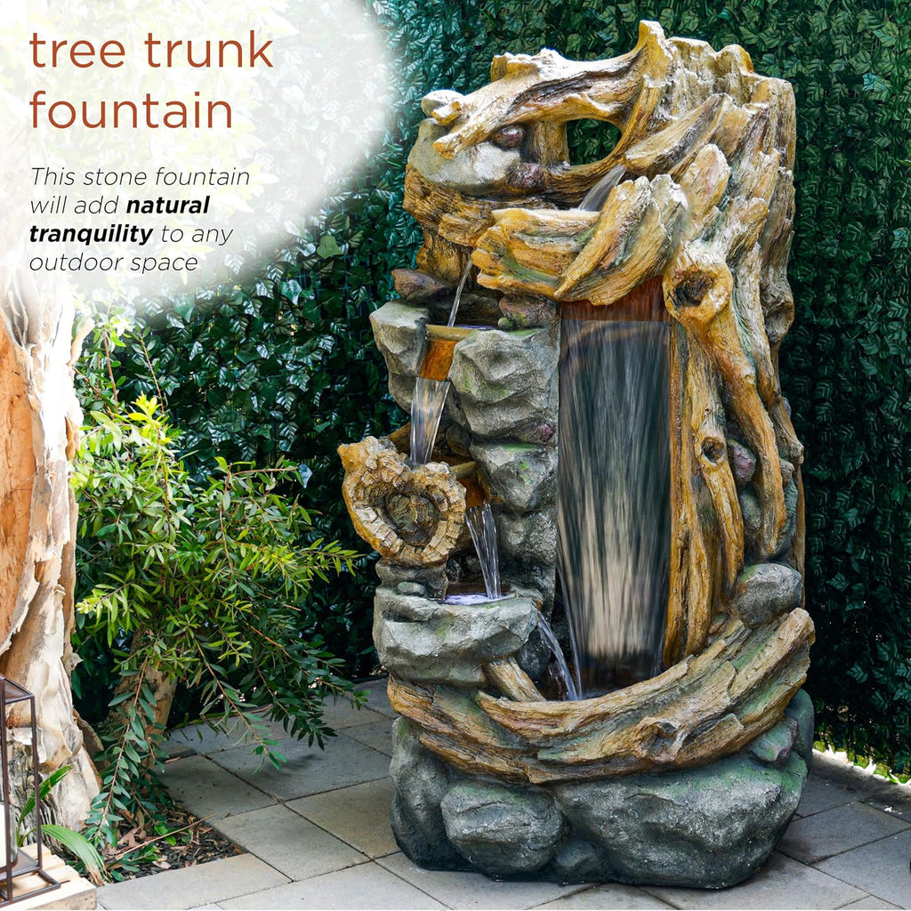 Alpine Corporation TZL404 71' Cascading Tree Trunk Fountain with LED Lights, Outdoor Waterfall Water Feature for Garden, Patio, Lawn & Backyard Decor, Relaxing Water Feature with Rustic Design