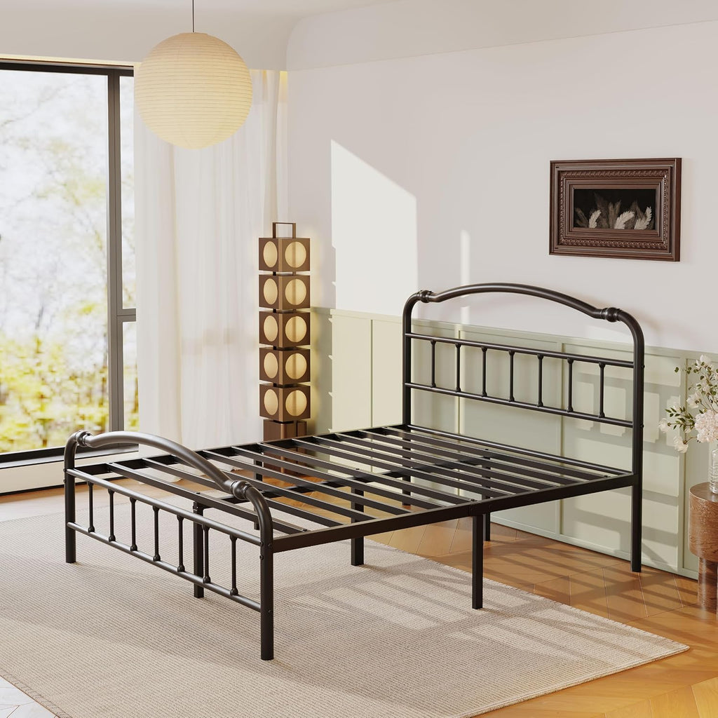 ZIYOO Vintage 18 Inch Full Metal Bed Frame with Victorian-Style Headboard & Footboard, Sturdy Platform Design, Under Bed Storage, No Box Spring Needed, Noise Free, Elegant Black