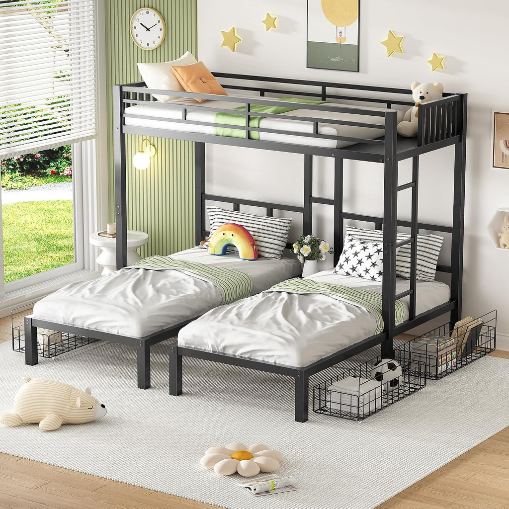 PVWIIK Heavy-Duty Triple Bunk Bed with 2 Storage Drawers & USB Charging Station,LED Triple Bunk Bed Frame with Built-in Ladder & Full-Length Guardrails,Easy to Assemble,Space Saving, Black