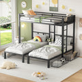 PVWIIK Heavy-Duty Triple Bunk Bed with 2 Storage Drawers & USB Charging Station,LED Triple Bunk Bed Frame with Built-in Ladder & Full-Length Guardrails,Easy to Assemble,Space Saving, Black
