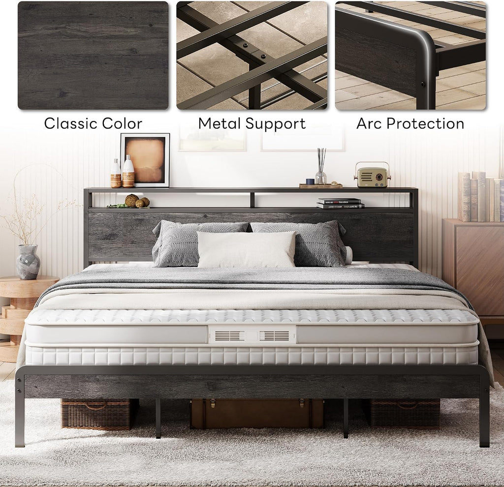 LIKIMIO King Bed Frame with Headboard, Dark Wood Camas King with Strong Supports, Sturdy, Noise-Free, No Box Spring Needed, Grey