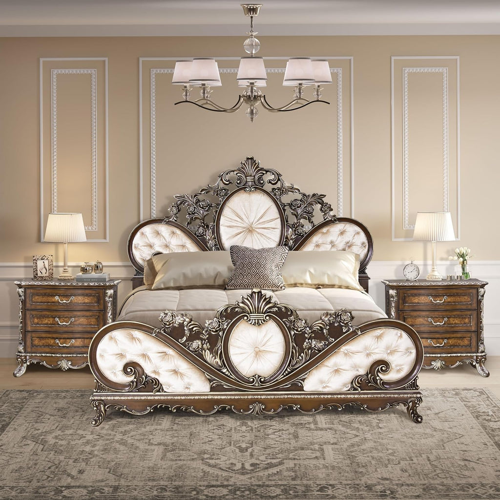Acme Devany Wood & Fabric Upholstered Eastern King Bed in Cream and Cherry
