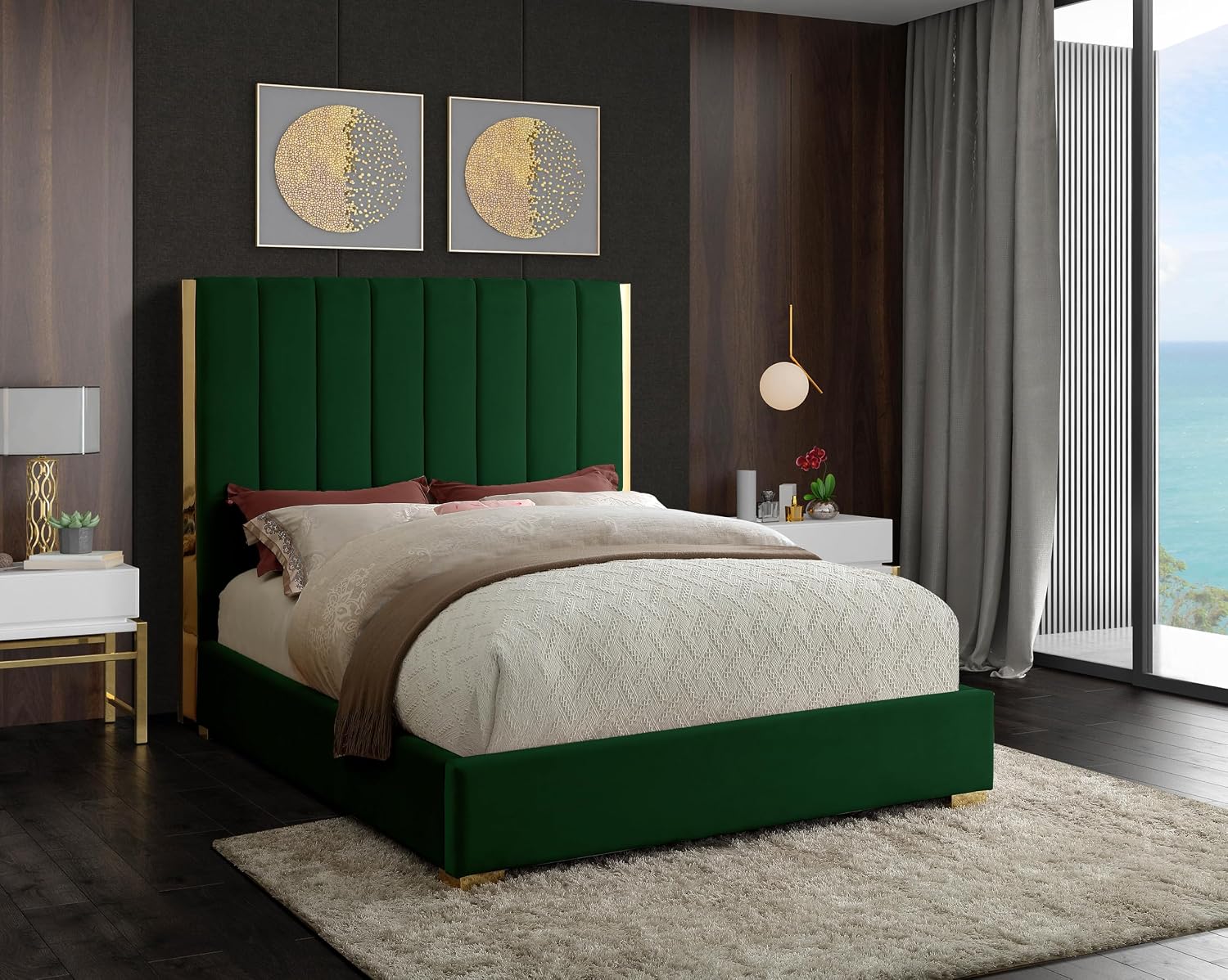 Meridian Furniture Becca Collection Modern | Contemporary Velvet Upholstered Bed with Deep Channel Tufting and Polished Gold Metal Frame, Green, Full