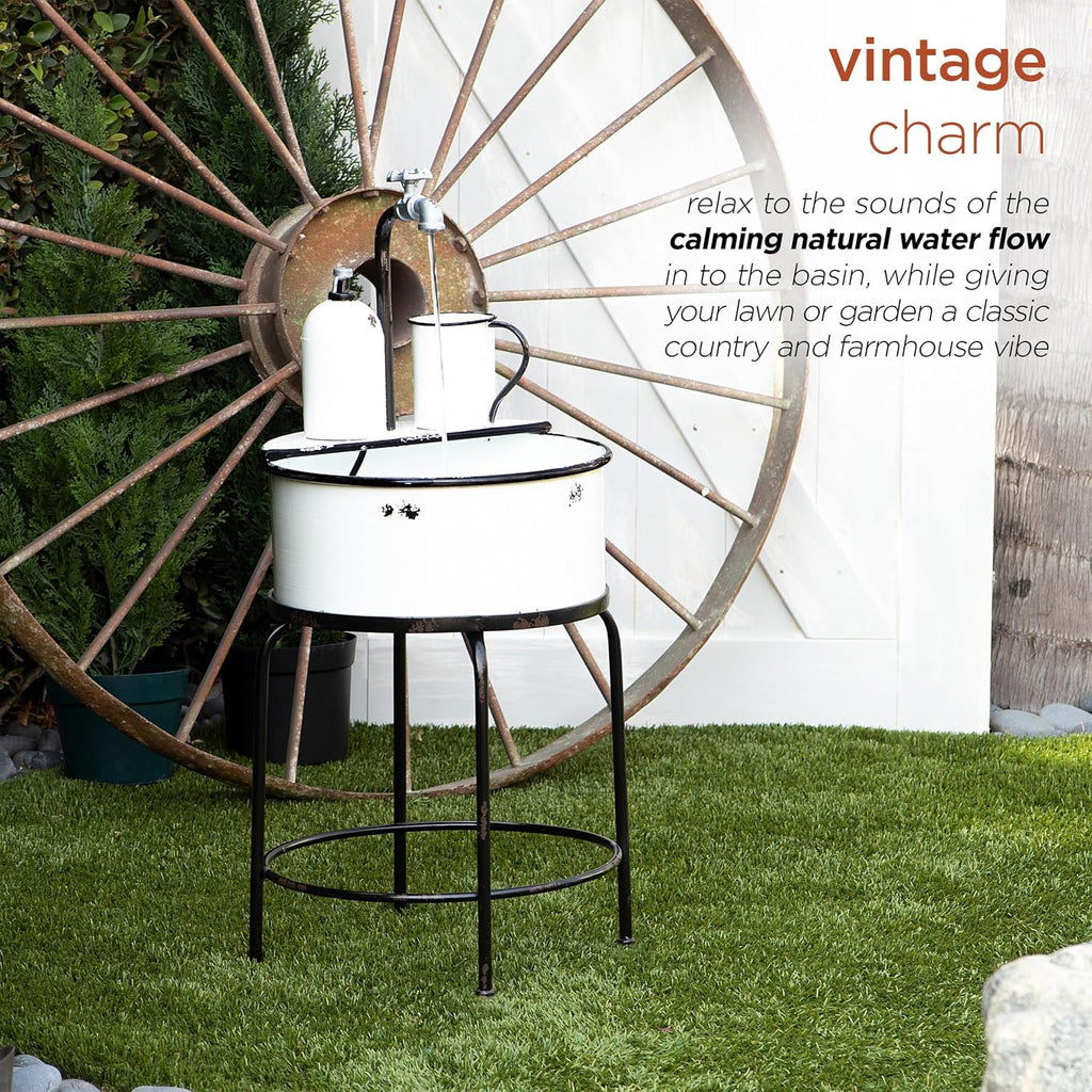 Alpine Corporation YHL168 Outdoor Vintage Metal Sink Water Floor Fountain with Stand, 34' Tall, White