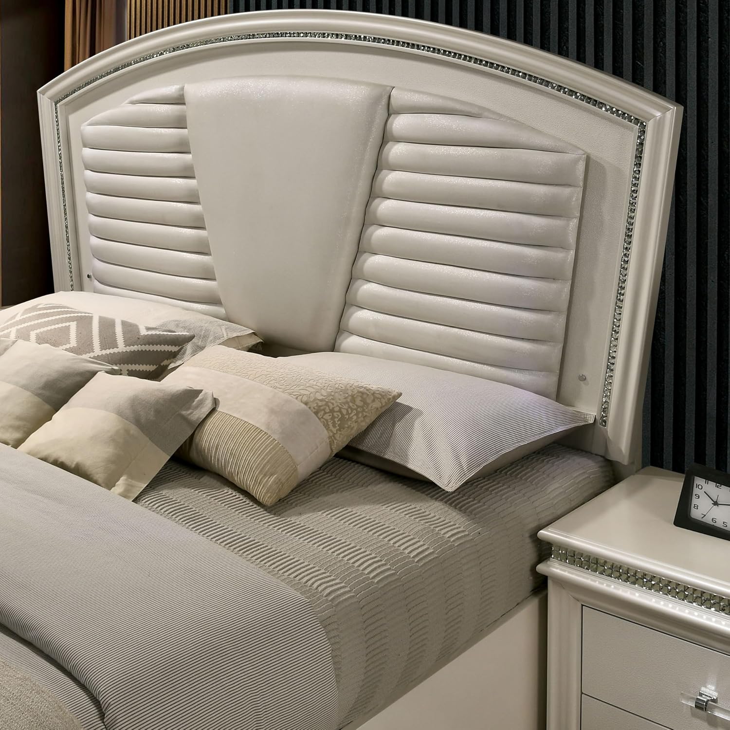 HOMES: Inside + Out Bevill Wood 2-Piece Bedroom Set, King Size Platform Bed with LED Light, Upholstered Headboard and 2-Drawer Nightstand, No Box Spring Required, Pearl White