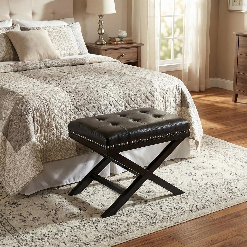 Cortesi Home Kayla Traditional 'X' Bench Vinyl Ottoman with Nailhead Trim Finish, Black
