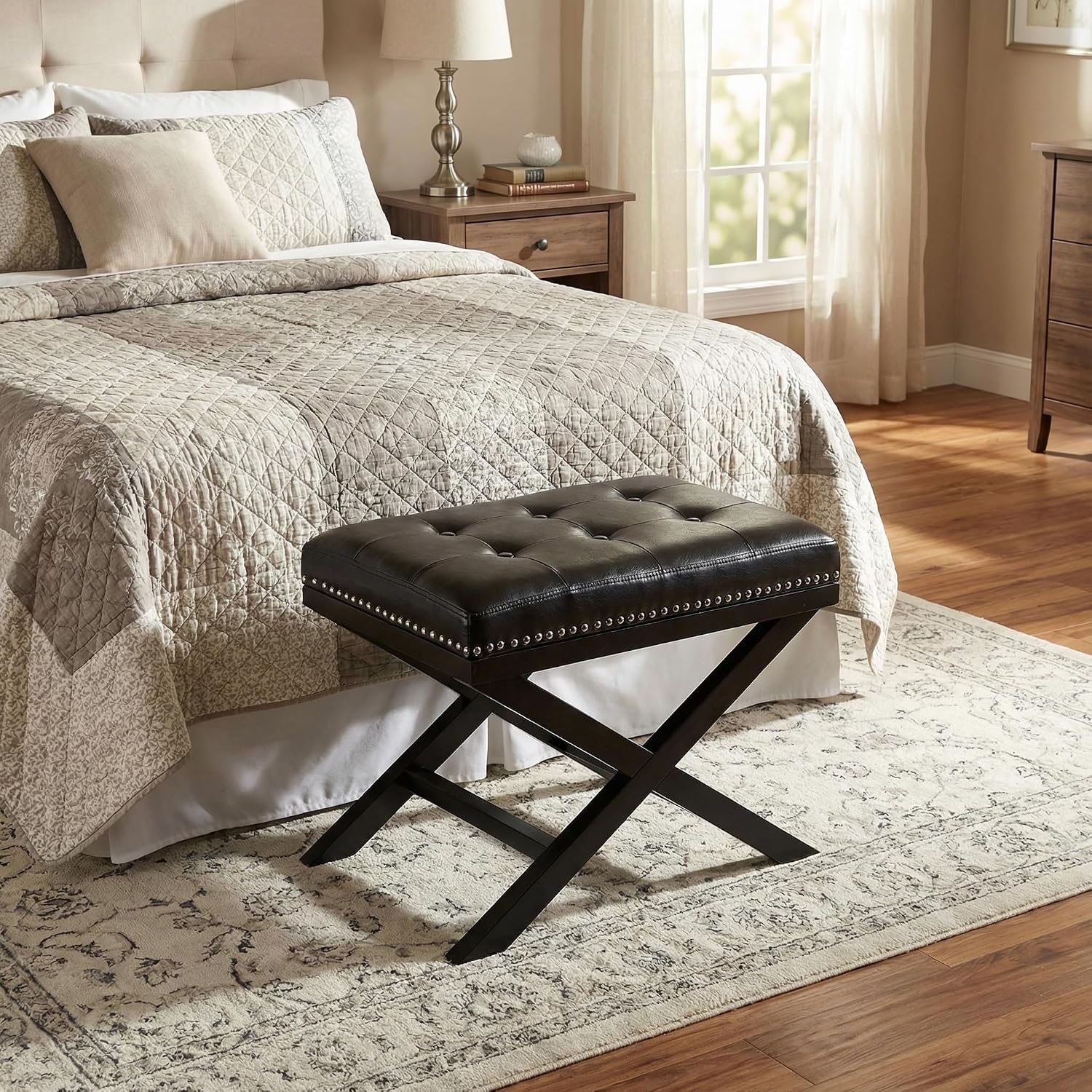 Cortesi Home Kayla Traditional 'X' Bench Vinyl Ottoman with Nailhead Trim Finish, Black