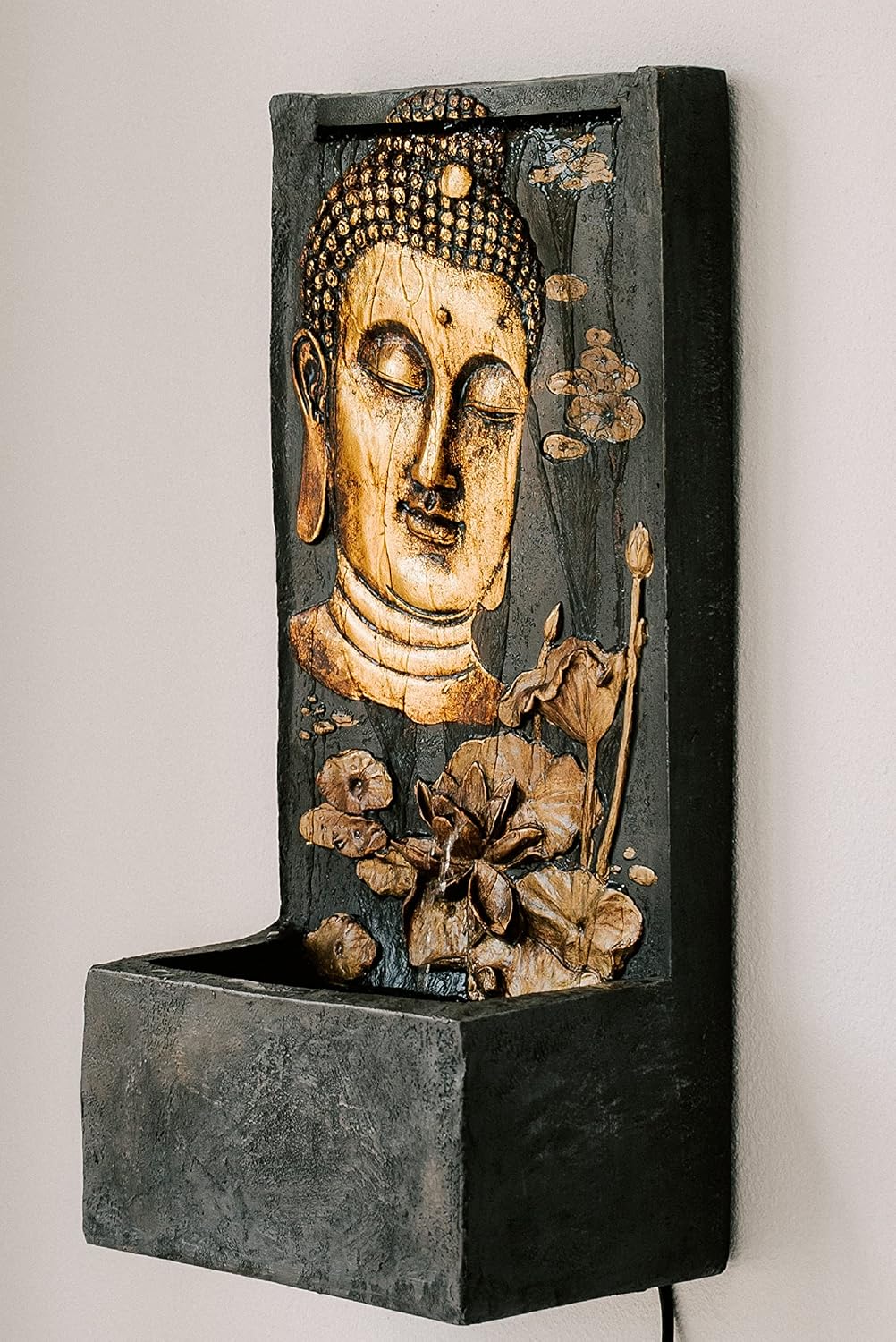 XBrand Polystone Indoor Outdoor Relaxing Zen Buddha Face Wall Water Fountain with Pump and Splash Guard, Wall-Mounted Fountains, Home Garden Patio Backyard Decor, Bronze and Natural Stone Finish