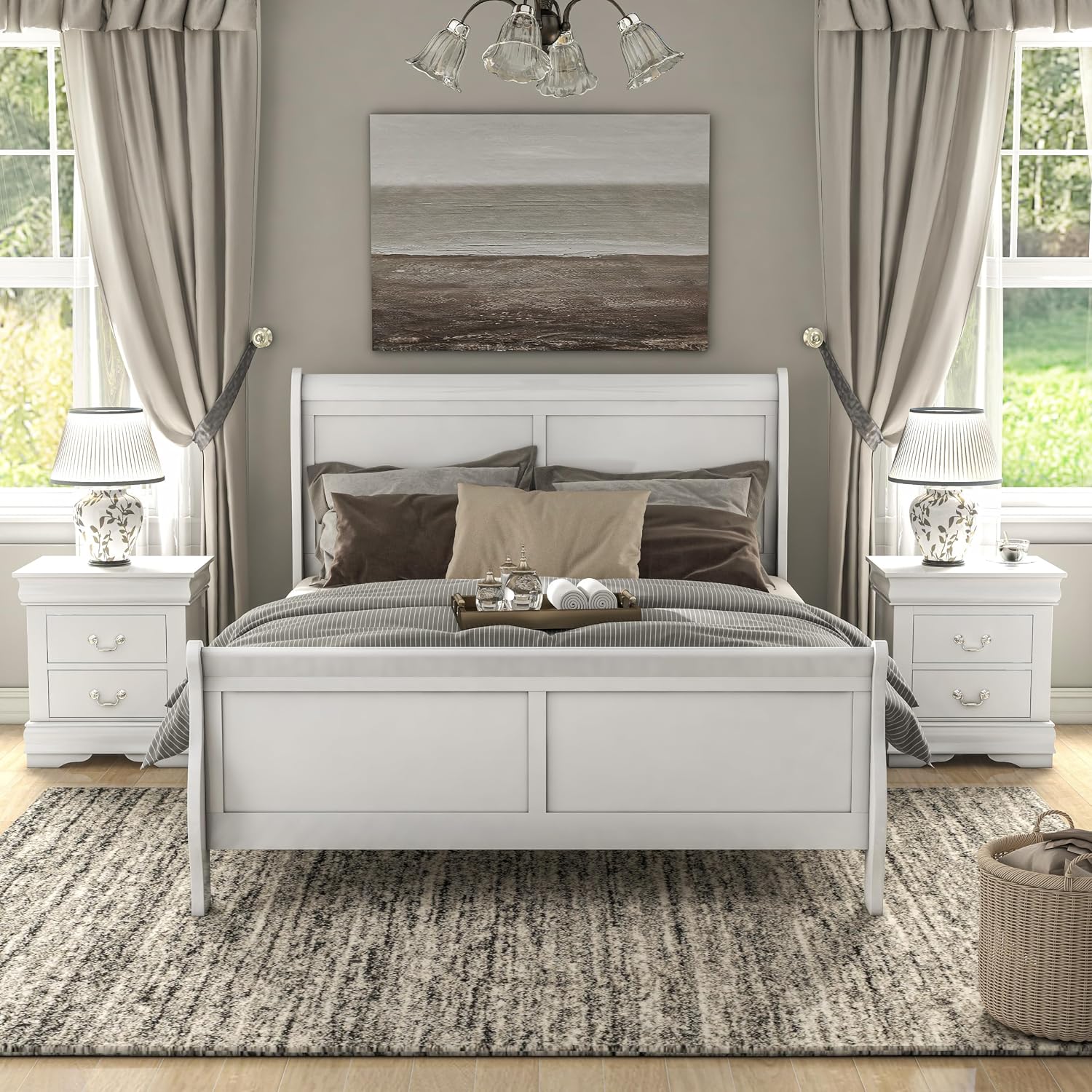 Furniture of America Louis Philippe Traditional Solid Wood 3 Piece Bedroom Set, Queen Bed Frame and Nightstands Set of 2, Sleigh Design Bedframe with Headboard and Footboard, Box Spring Needed, White