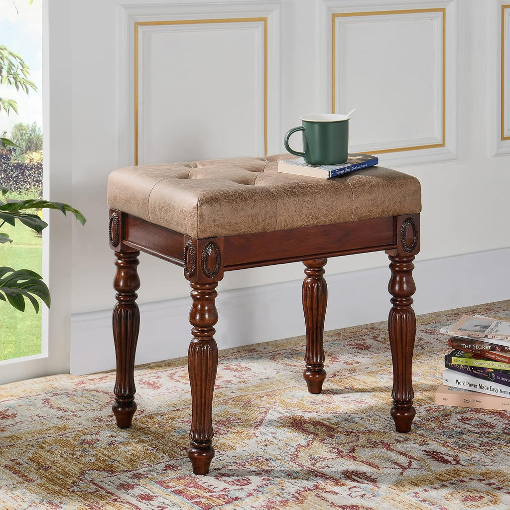 LEEMTORIG Vanity Stool Bench Ottoman Stool, Traditional Victorian Style Piano Bench Chair, Upholstered Button Tufted Solid Wood Short Bench, 14.2' Dx18.5 Wx19.1 H, Yellowish Brown Fabric, FD-1533-LT