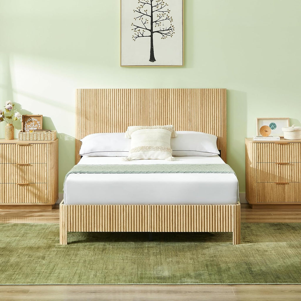 Full Size Wood Bed Frame with Headboard, Modern Retro Walnut Platform Beds Frames, Mid Century Rustic Wooden Bedroom Floor-BedFrame, No Box Spring Needed, Easy Assembly (Oak, Full, Metal Base)