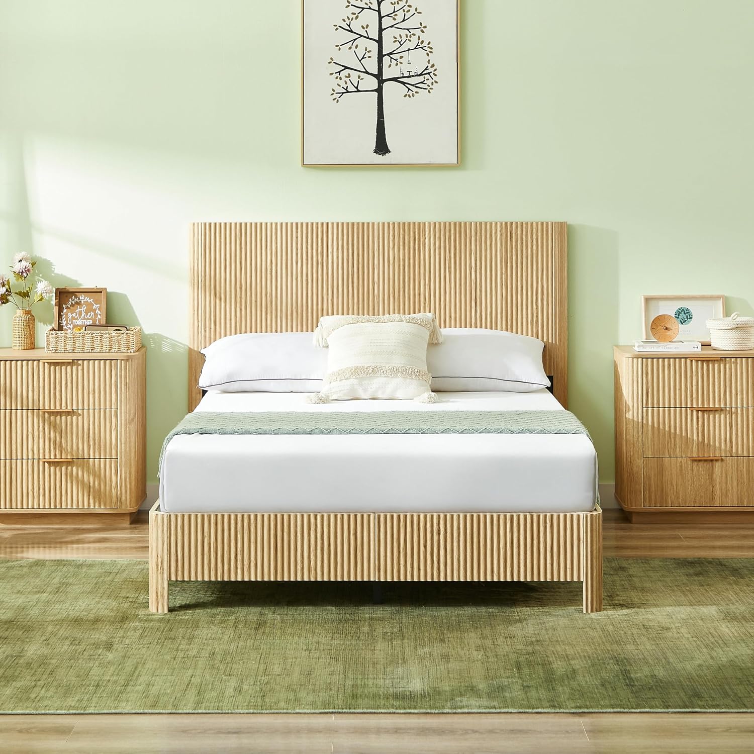 Full Size Wood Bed Frame with Headboard, Modern Retro Walnut Platform Beds Frames, Mid Century Rustic Wooden Bedroom Floor-BedFrame, No Box Spring Needed, Easy Assembly (Oak, Full, Metal Base)