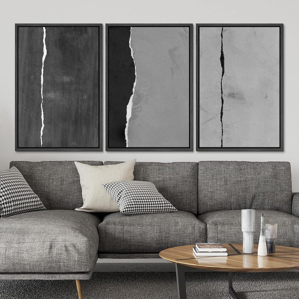 SIGNLEADER Framed Canvas Print Wall Art Set Black and White Torn Minimalist Grunge Illustrations Minimal Decorative Bohemian Nordic for Living Room, Bedroom, Office - 24'x36'x3 BLACK