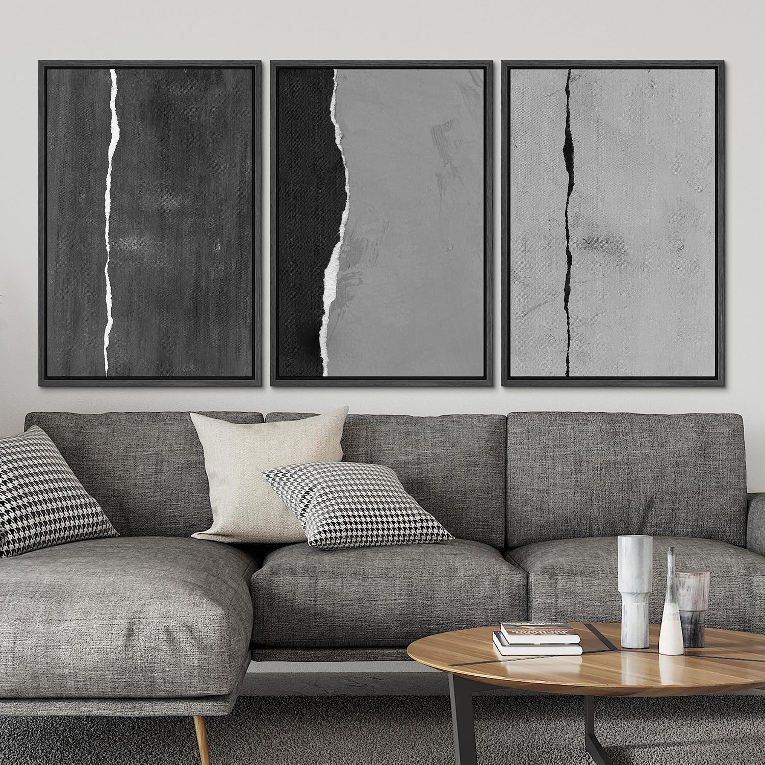 SIGNLEADER Framed Canvas Print Wall Art Set Black and White Torn Minimalist Grunge Illustrations Minimal Decorative Bohemian Nordic for Living Room, Bedroom, Office - 24'x36'x3 BLACK