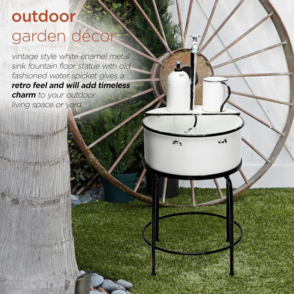 Alpine Corporation YHL168 Outdoor Vintage Metal Sink Water Floor Fountain with Stand, 34' Tall, White