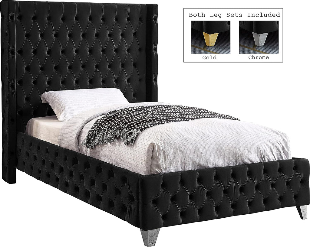Meridian Furniture SavanBlack-T Savan Collection Modern | Contemporary Velvet Upholstered Bed with Deep Button Tufting in Gold or Chrome Finish, 50' W x 81' D x 56' H, Black, Twin