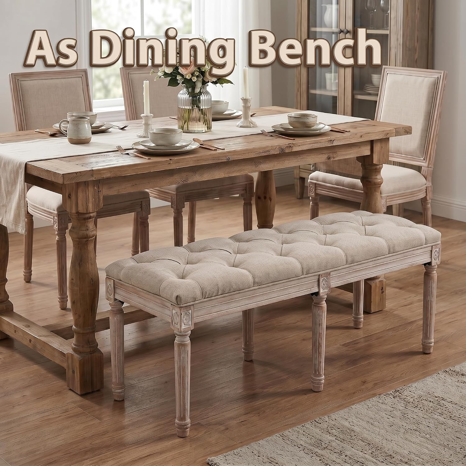 Tufted Dining Bench French Vintage Fabric Upholstered Wood Dining Room Bench Rustic Entryway Bench Bedroom End Bed Bench, Beige 45' Long