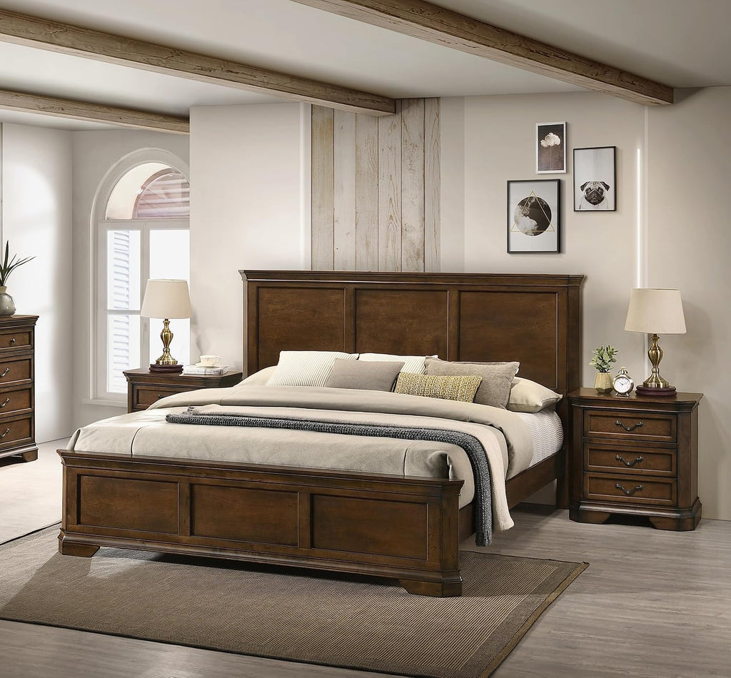 3 Wood Bedroom Set with King Size Panel Bed and Two Nightstands