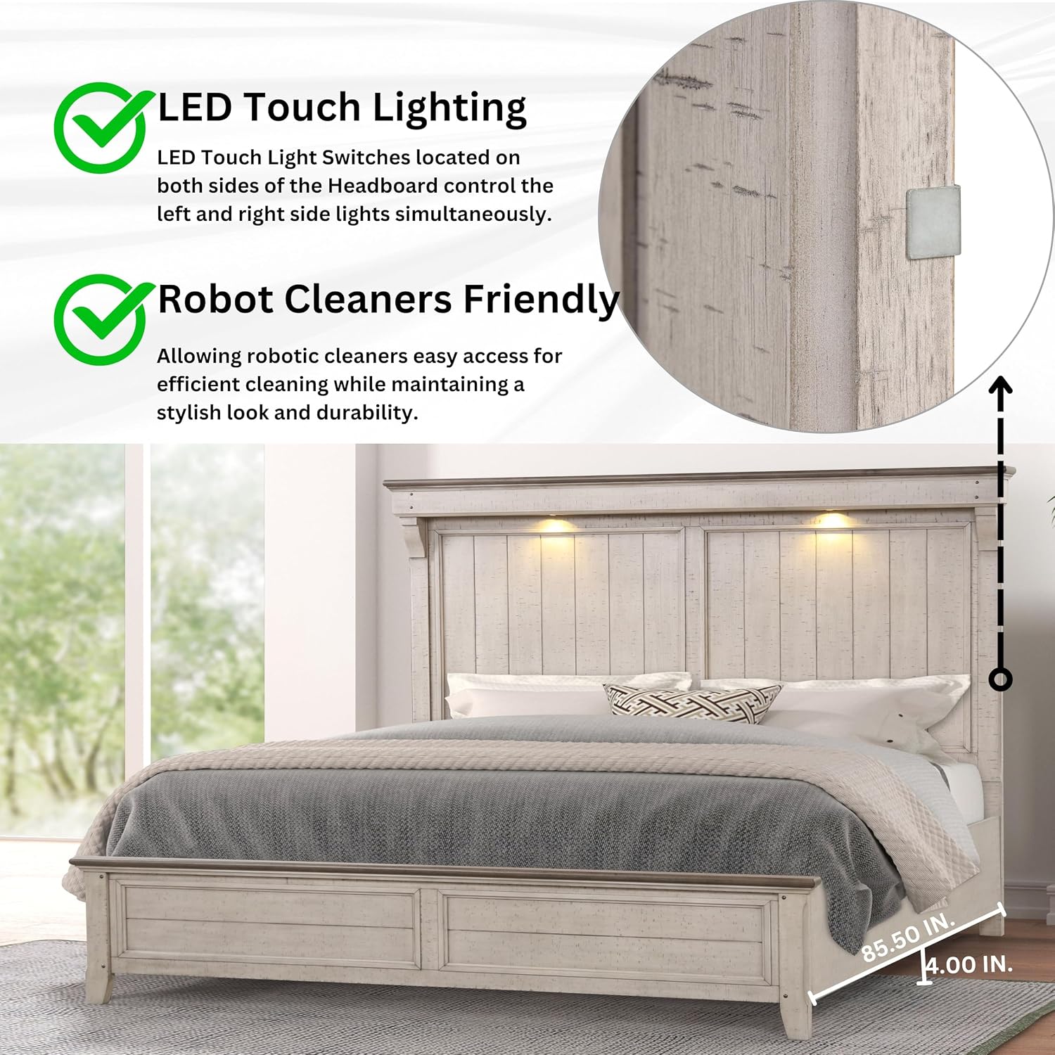 Roundhill Furniture Walcott 4-Piece Bedroom Set with Touch LED Lighting, Weathered Dusty-Taupe Finish, King
