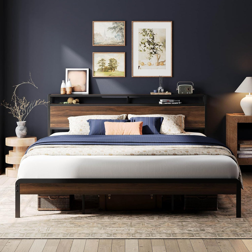 LIKIMIO California King Bed Frame with Headboard, Dark Wood Camas California King with Strong Supports, Sturdy, Noise-Free, No Box Spring Needed, Dark Walnut