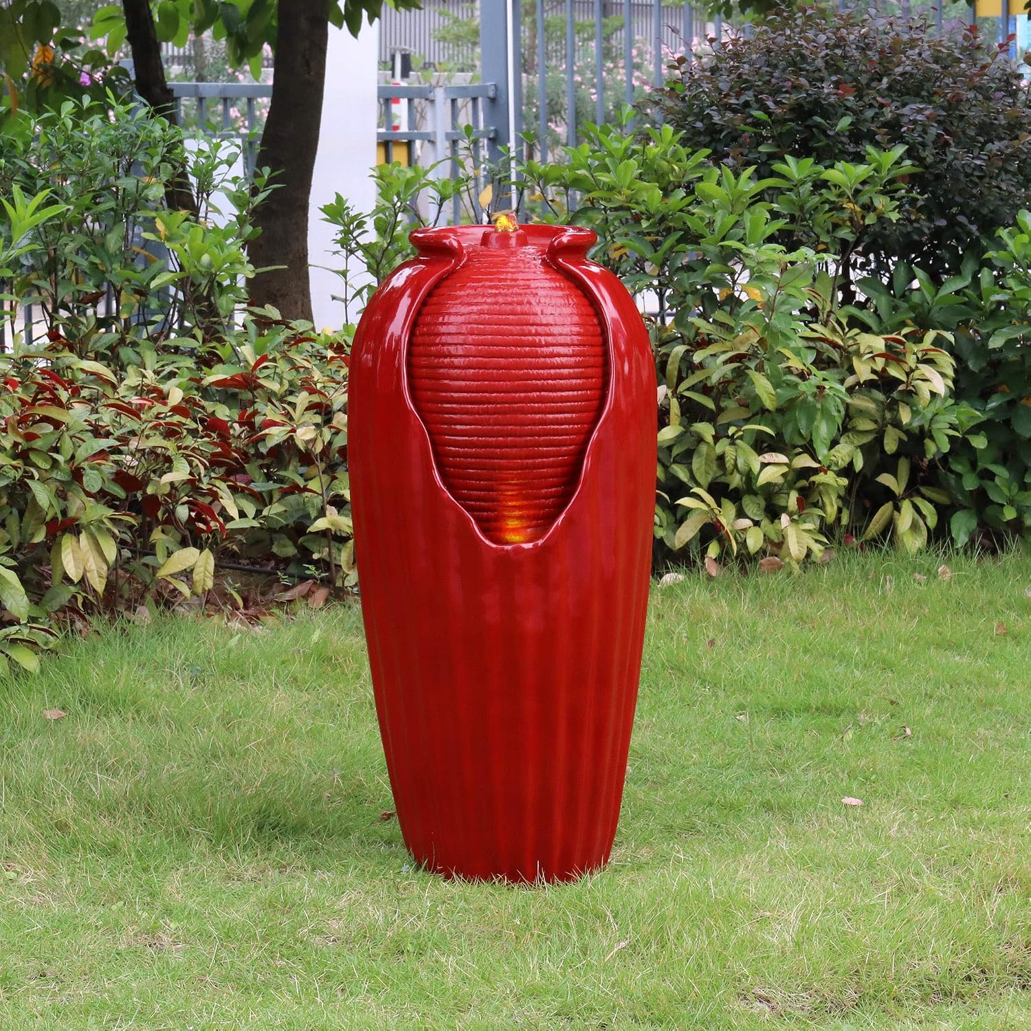 Teamson Home Glazed Vase Floor Freestanding Water Fountain with LED Lights and Pump for Outdoor Patio Backyard Deck Plant Garden Décor, 32 Inch Height, Red