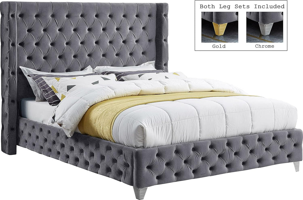 Meridian Furniture SavanGrey-F Savan Collection Modern | Contemporary Velvet Upholstered Bed with Deep Button Tufting in Gold or Chrome Finish, 66' W x 81' D x 56' H, Grey, Full