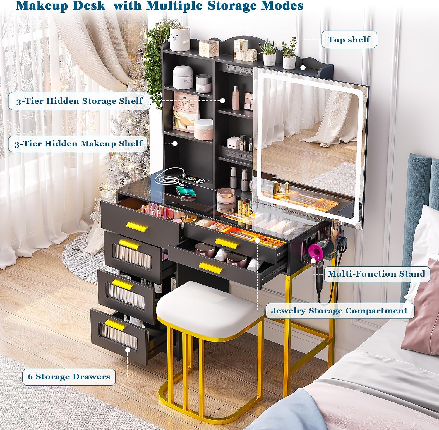 WOOVIVS Vanity with LED Mirror, Makeup Desk with Charging Station for Bedroom, Vanities with RGB Lights, Glass Top Vanity Set with Stool,6 Drawers Dressing Table for Girls-Black