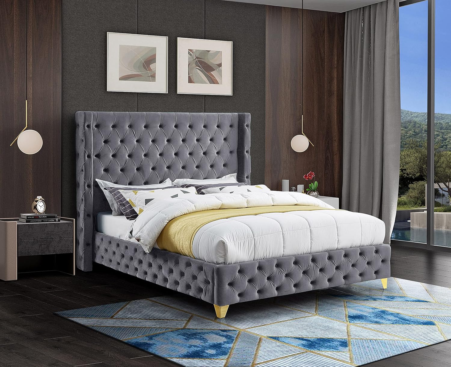 Meridian Furniture SavanGrey-F Savan Collection Modern | Contemporary Velvet Upholstered Bed with Deep Button Tufting in Gold or Chrome Finish, 66' W x 81' D x 56' H, Grey, Full