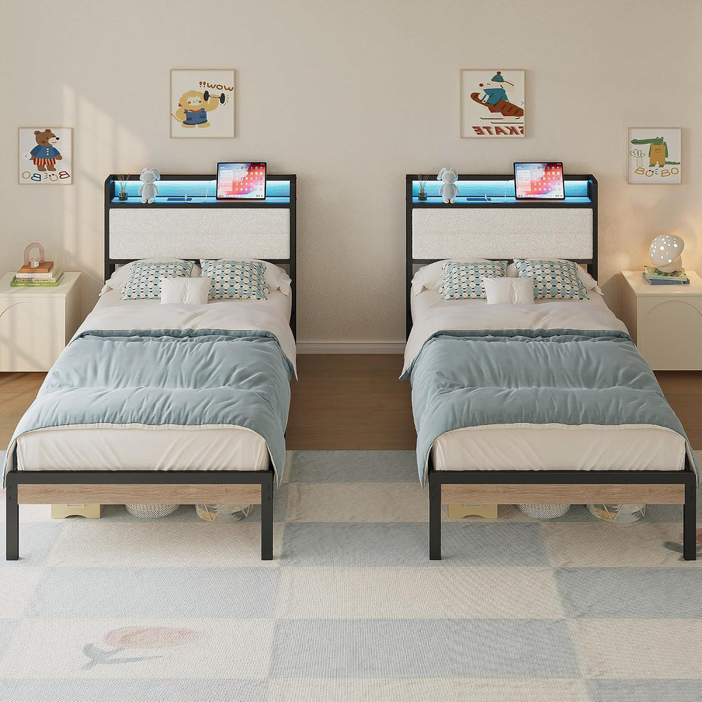 LIKIMIO Twin Bed Frame with Storage Headboard & LED Lights, Metal Platform Bed with Charging Station, Noise Free, No Box Spring Needed, Under Bed Storage, Natural and Cream