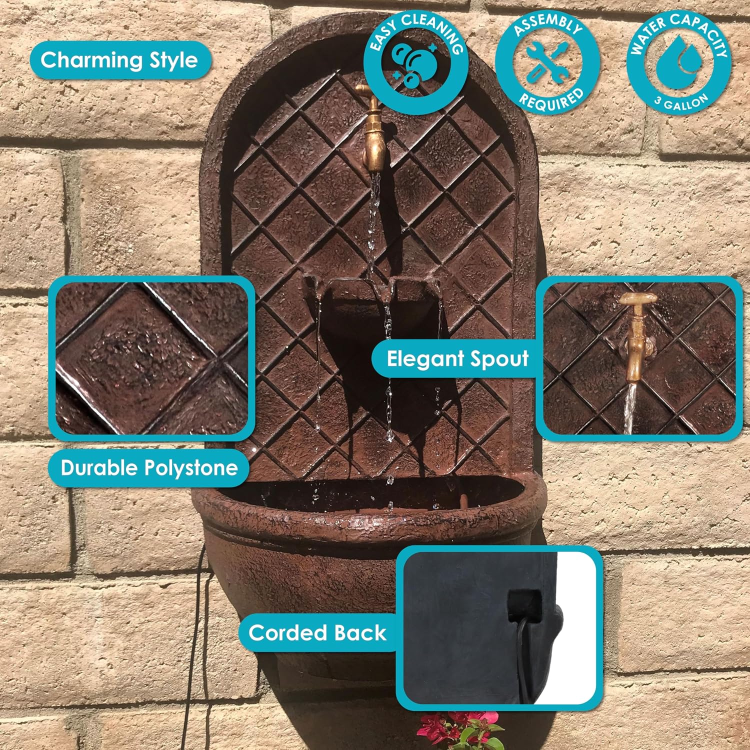 Sunnydaze Messina 26' Outdoor Wall Water Fountain with Pump - Bronze - Electric