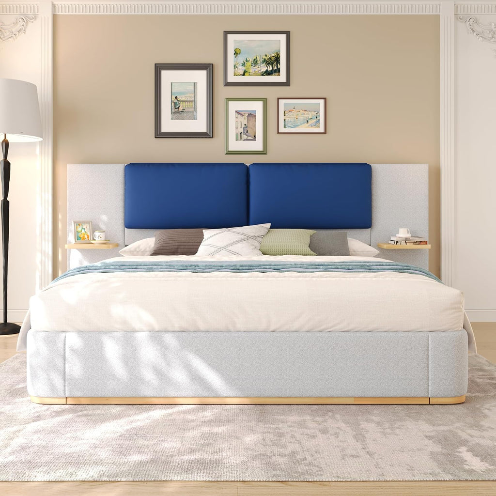 Luxury Bed Frame with Nightstands Modern Bedroom Set, Grey King Size Floor Platform Bed with Oversize Soft Upholstered Tall Headboard Bedframe, No Box Spring Needed (Blue+Grey, King)