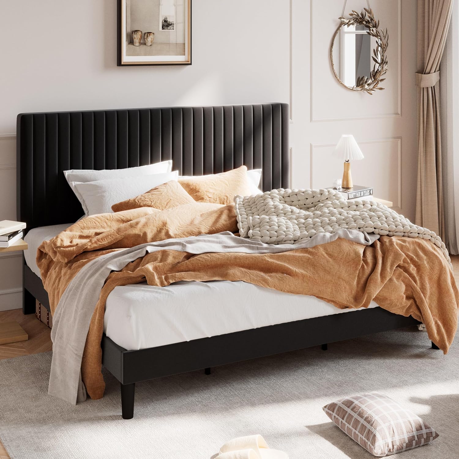 SHA CERLIN King Upholstered Platform Bed Frame with Adjustable Headboard/Vertical Channel Tufted Velvet Fabric/Wooden Slats Support/Mattress Foundation/Box Spring Optional/Black