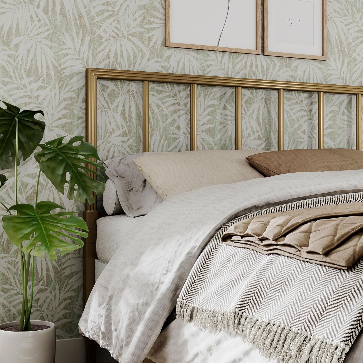 Furniture of America Blair Modern Metal Queen Size Bed Frame with Subtle Reeded Lines, Sturdy Bedframe for Bedroom, Guest Room, Box Spring Required, Gold
