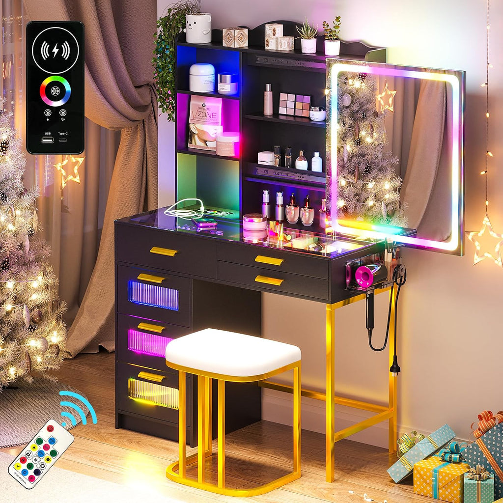 WOOVIVS Vanity with LED Mirror, Makeup Desk with Charging Station for Bedroom, Vanities with RGB Lights, Glass Top Vanity Set with Stool,6 Drawers Dressing Table for Girls-Black